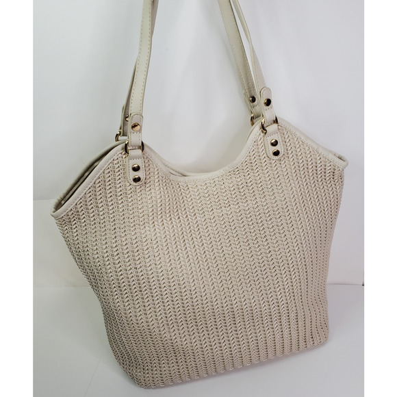 Miztique Tote Bag Bone buttery Vegan with Woven Texture on Front Brass Accents - Picture 1 of 14